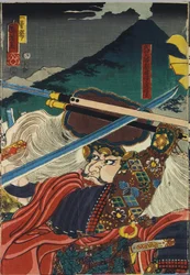 Foglio di un trittico di xilografie a colori intitolato Kawanakajima kassen (La battaglia di Kawanakajima), raffigurante in primo piano l