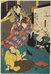 Gli attori Arashi Kichisaburo III nel ruolo di Aboshi Samojiro, Onoe Kikugoro II nel ruolo di Hamaji, Nakamura Kan