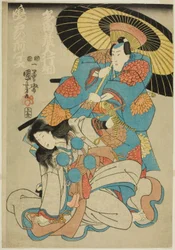 Gli attori Ichimura Uzaemon XII come Tada Kurodo Yukitsuna e Bando Shuka come il fantasma di Naruto no Mae