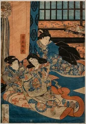 Tokiwa Gozen, amante di Minamoto no Yoshitsune, in una scena di Kabuki (xilografia su carta)