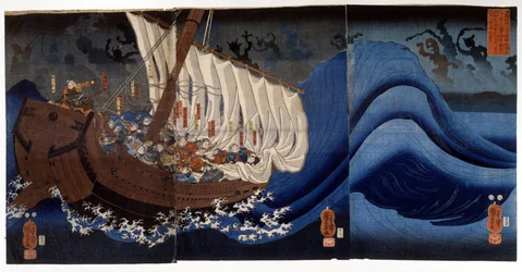 Yoshitsune Minamoto attaccato dagli spettri dei nemici uccisi. Dipinto di Utagawa Kuniyoshi, inizio XIX secolo