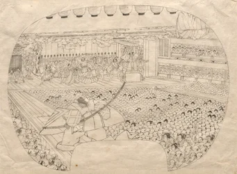 Disegno per stampa a forma di ventaglio del teatro Kabuki