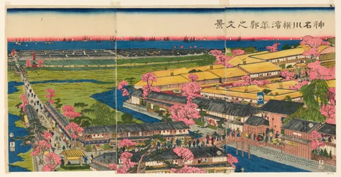 Veduta panoramica dei quartieri del piacere a Yokohama, Kanagawa (Kanagawa Yokohama hanakuruwa no kokei)