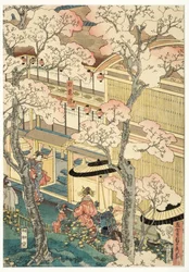 Vista reale delle Case di Piacere di Miyosaki al Nuovo Porto, Yokohama, Kanagawa, 1860