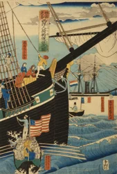 Commercianti occidentali a Yokohama trasportano merci e passeggeri, 1861