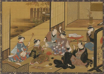 Scena interna di una festa con geisha e clienti