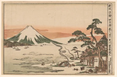 Nuova immagine prospettica pubblicata del Monte Fuji in primavera da Tagonoura (Shinpan uki-e Tagonoura haru no Fuji)
