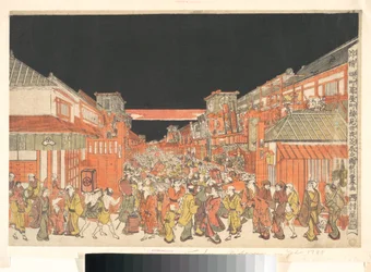 Stampa prospettica (Uki-e) dei teatri di Sakaichō e Fukiyachō la sera dell