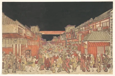 Veduta di una rappresentazione kaomise al teatro Yoshibai di Sakaichō Fukiyachō