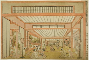 Vedute delle sale di ricevimento in Giappone - Intrattenimenti nel Giorno del Topo in stile moderno (Uki-e wakoku keiseki ozashiki imayo ne no hi no asobi no zu)