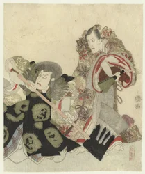 Ichikawa Danjūrō VII come Yoshimune no Munesada con ventaglio e Ichikawa Omezō nel ruolo di Sekibei con ascia
