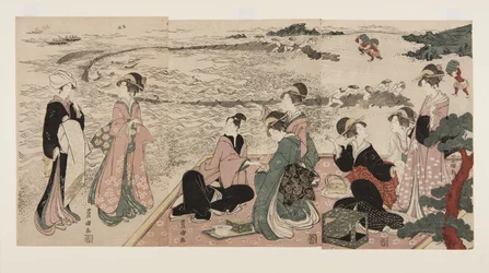 Un picnic sulla spiaggia (stampa xilografica a colori)