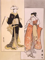 Ritratti di attori sul palco, circa 1794-1796, ukiyo-e di Shun-Yei (fine XVIII secolo) e Utagawa Toyokuni (1769-1825), riproduzione di xilografia, civiltà giapponese, periodo Edo (1603-1868)
