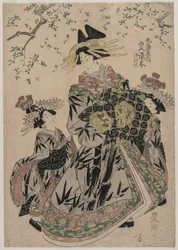 La cortigiana Katakoshigi (?) di Maruebiya con la sua kamuro Ageha e Midori
