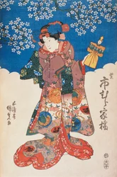 Donna in kimono con burattino e sfondo decorato con fiori di melo