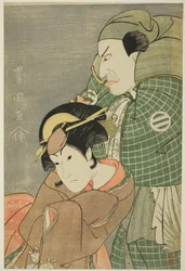 Gli attori Kataoka Nizaemon VII come Iyo no Taro e Iwai Hanshiro IV come Kojoro-gitsune di Okazaki nella commedia "Seiwa Nidai Oyose Genji," rappresentata al Teatro Miyako nell