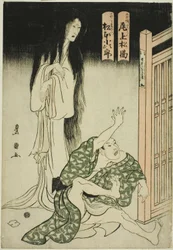 Gli attori Onoe Matsusuke I come il fantasma della balia Iohata e Matsumoto Kojiro come Mokuemon, nella commedia "Tokubei dell