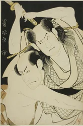 Gli attori Sawamura Sojuro II come Satsuma Gengobei e Arashi Ryuzo II come Mawashi-otoko Yasuke nella commedia "Edo Sunago Kichirei Soga," eseguita al Teatro Miyako nel primo mese, 1795