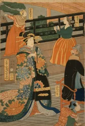 Visitatori di diverse nazioni si divertono a una festa nella Sala del Ventaglio del Gankirō, 1860