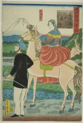 Inglesi che osservano le oche discendenti al ponte di Yoshida (Yoshida-bashi no rakugan, Igirisujin), dalla serie "Otto vedute di Yokohama nella provincia di Musashino (Bushu Yokohama hakkei no uchi)"