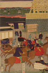 Sezione fiorente di Nihonbashi a Tokyo. Tokyo Nihonbashi han ei no zu trittico