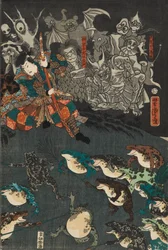 Nikushi lo spirito della rana evoca una battaglia magica di rane a Tateyama nella provincia di Etchu, 1864