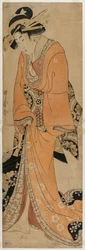 Geisha in piedi accanto a una custodia per shamisen