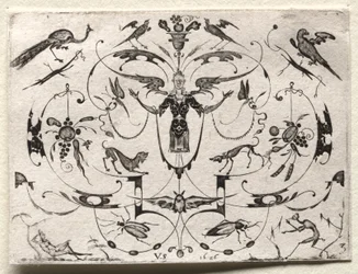 Arabesco con pavone, parrocchetto, cani e insetti, 1626.