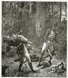 Rask il cane che uccide un soldato inglese - illustrazione da Bug-Jargal, XIX secolo
