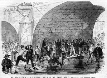 Il pescatore ha la lenza in fondo al ponte nuovo a Parigi nel 1868 durante la bassa marea. disegno di Desroches - Valnay