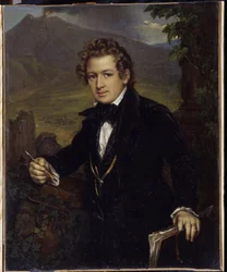Ritratto del pittore Karl Pavlovich Briullov (1799-1852). Rappresentato davanti a un vulcano, il pittore tiene una matita e il suo cartone da disegno.