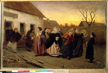 Processione di donne che escono da una casa danzando e cantando alla vigilia di un matrimonio
