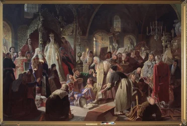 Il pope vecchio credente Nikita Poustosviat dibattendo con il patriarca di Mosca, Joachim, sulla questione della Fede in presenza della reggente Sofia Alexeievna Romanova