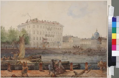 Casa di M.D. Tarasova sulla riva della Fontanka, di Sadovnikov, Vasily Semyonovich (1800-1879). Acquerello su carta