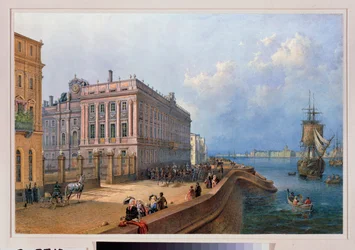 Veduta del molo della Neva e del palazzo di marmo a San Pietroburgo
