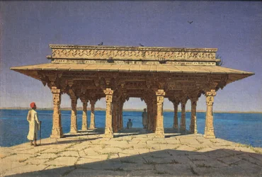Sera al lago, distretto di Jaipur dello stato del Rajasthan, India, 1874