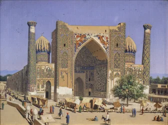 La madrasa Sherdar in Piazza Registan a Samarcanda, 1869-1870