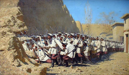 Russo: "Vicino al muro della fortezza. "Lasciateli entrare". "Lasciateli entrare".