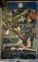 Aprile: aratura e semina dei campi. Scena agricola con aratro, erpice e attrezzi agricoli in campagna
