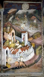 Dicembre: i boscaioli raccolgono la legna e la riportano nella città di Trento dove sono rappresentati il muro e il castello del Buonconsiglio