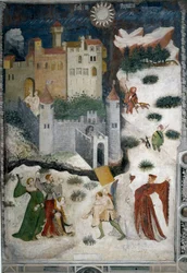 Mese di gennaio: paesaggio innevato con aristocratici e cacciatori