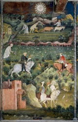 Settembre: Caccia al falcone e aratura dei campi. Scena agricola con carro trainato da buoi e attrezzi agricoli. Maestro dei Mesi o Maestro Wenceslao (inizio del XV secolo)