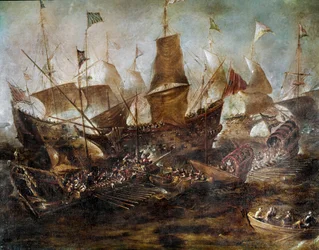 Battaglia tra flotte veneziane e turche. Dipinto della scuola veneziana. XVII secolo. Istanbul, Museo Navale