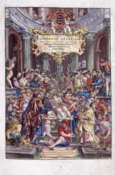 Anatomista e medico fiammingo, Andreas Vesalius, che tiene una lezione alla scuola di medicina di Bruxelles, 1543