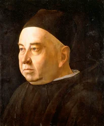Ritratto di un ecclesiastico, busto, con cappotto e berretto neri, ca. 1490