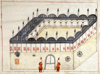 Veduta esterna di una carovana ad Andrinopoli (ora Edirne) in Turchia sotto l