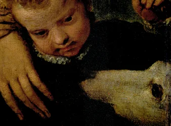 Ritratto di una donna con un bambino e un cane, dettaglio delle teste del bambino e del cane