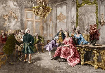 Wolfang Amadeus Mozart (1756-1791) da Madame (Marchesa) de Pompadour (La famiglia di Mozart, durante il tour in Europa) (1763-1766). Incisione dal dipinto di M. V. de Paredes