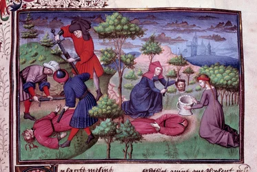 Scena di omicidio di due uomini ai quali gli assassini tagliano le teste. Pagina di un manoscritto francese del «Decameron» di Giovanni Boccaccio, detto Jean Boccace (1313-1375), scrittore italiano, miniato dal Maestro di Mansel. 1450, Parigi, Biblioteca