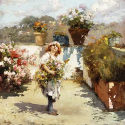 Una giovane ragazza che raccoglie fiori al sole
